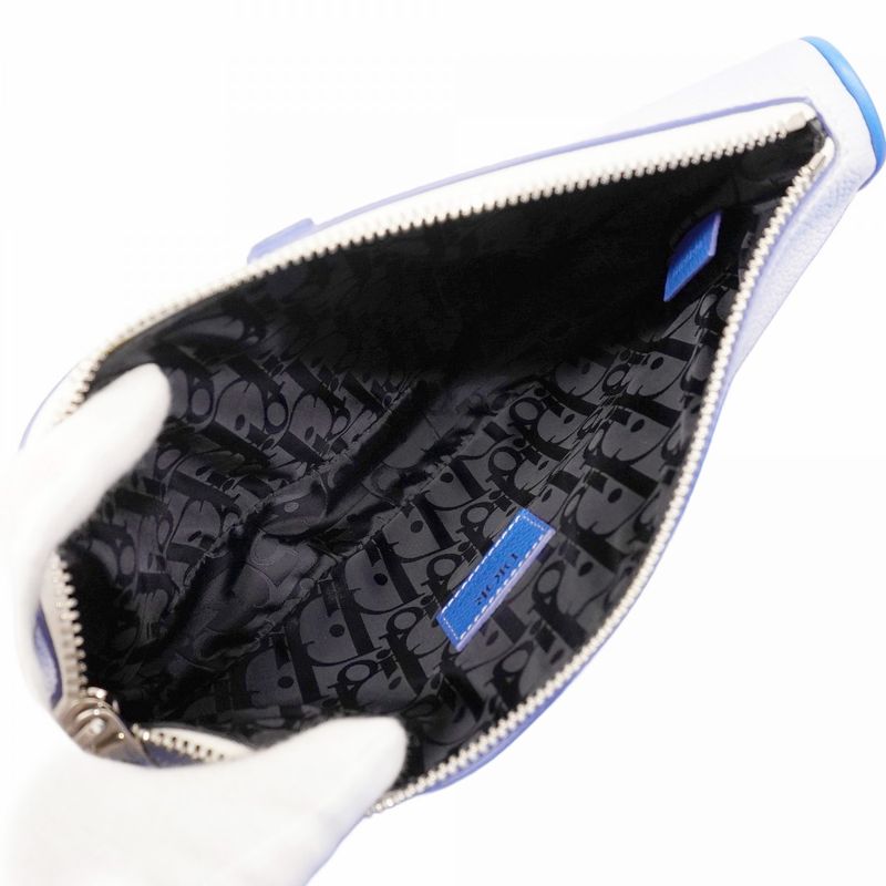 Christian Dior Shoulder Bag Saddle Leather Blue White Silver Hardware Women