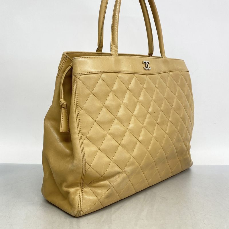 Chanel Handbag Matelasse Lambskin Beige Silver Hardware Women