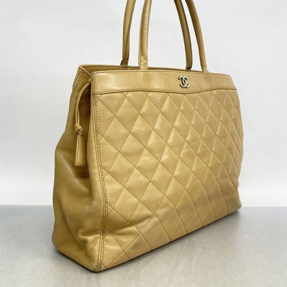 Chanel Handbag Matelasse Lambskin Beige Silver Hardware Women