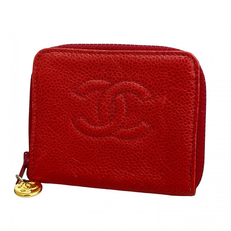 Chanel Coin Case Caviar Skin Red Silver Hardware Women