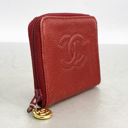 Chanel Coin Case Caviar Skin Red Silver Hardware Women