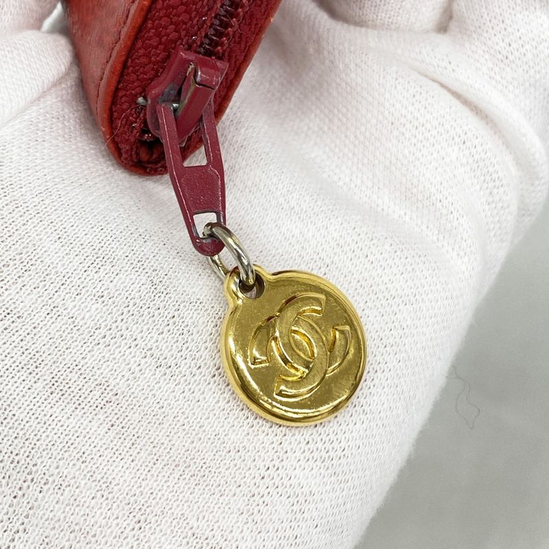 Chanel Coin Case Caviar Skin Red Silver Hardware Women