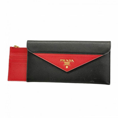 Prada Long Wallet Saffiano Leather Black Red Gold Hardware Women
