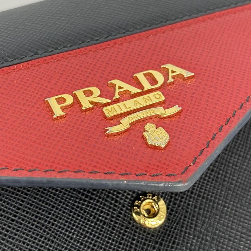 Prada Long Wallet Saffiano Leather Black Red Gold Hardware Women