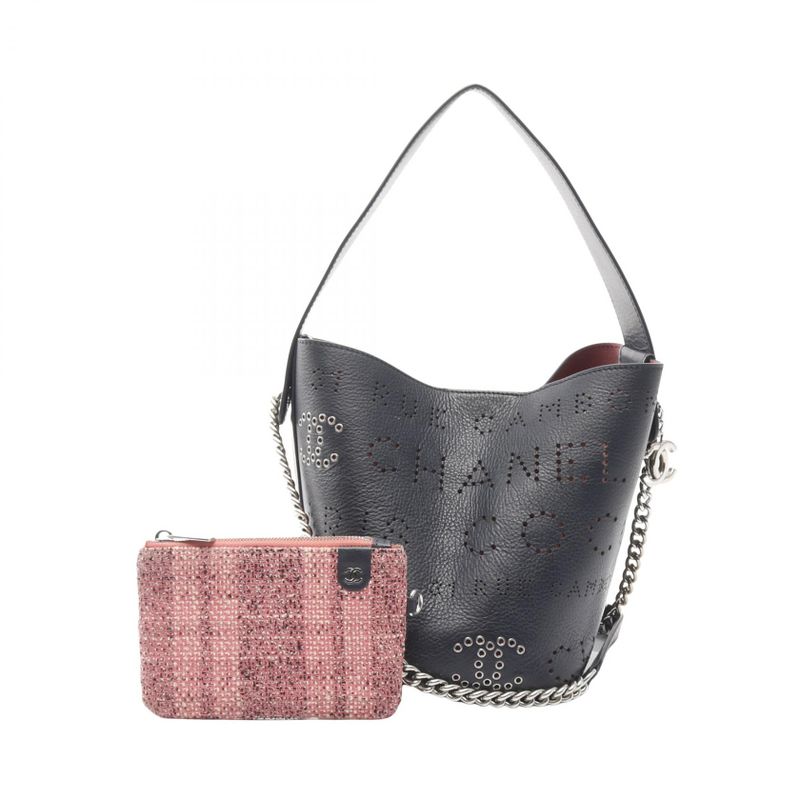 Chanel Shoulder Bag Perforated Logo Coco Mark Navy Leather Perforated Logo