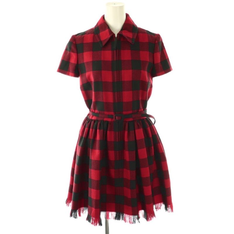 Christian Dior Wool Check Short Sleeve Dress Mini F34 Red Black 951r12a1184 Df