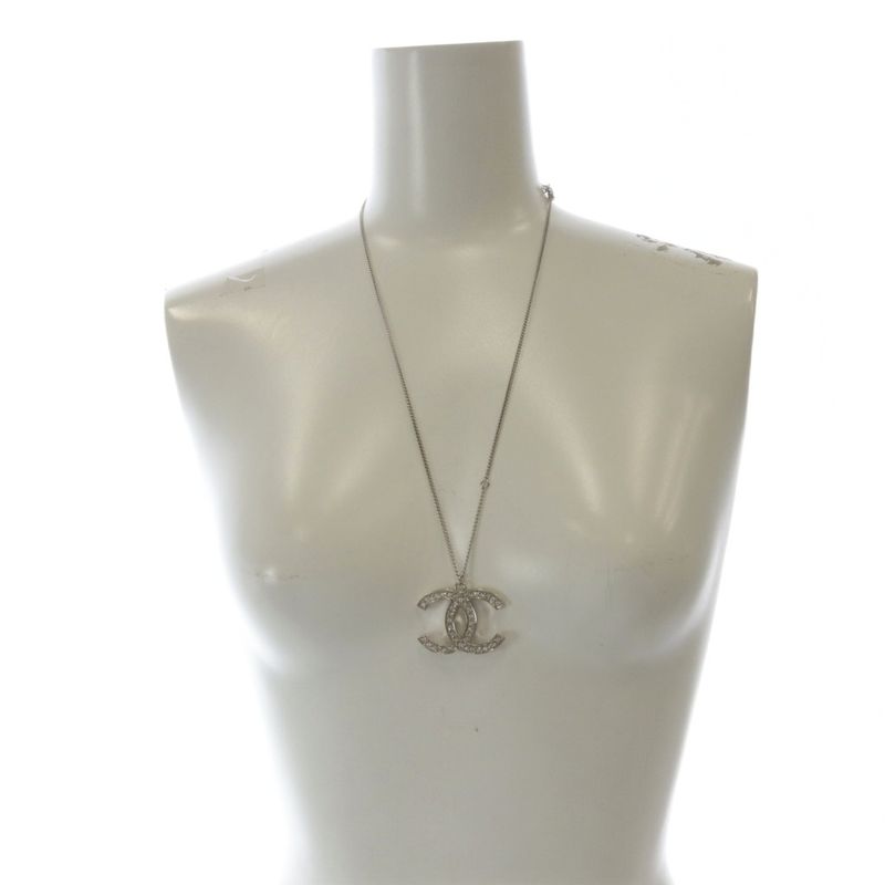 Chanel 12a Coco Mark Necklace Rhinestone Pendant Silver Color