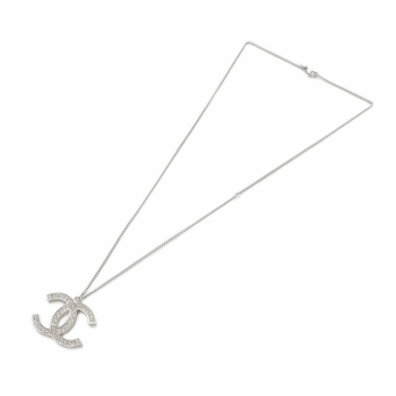 Chanel 12a Coco Mark Necklace Rhinestone Pendant Silver Color