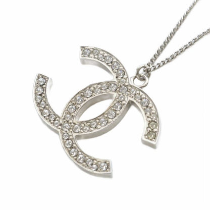 Chanel 12a Coco Mark Necklace Rhinestone Pendant Silver Color