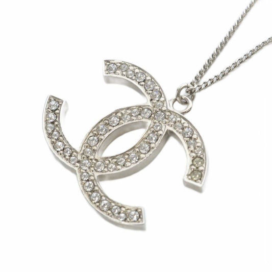 Chanel 12a Coco Mark Necklace Rhinestone Pendant Silver Color