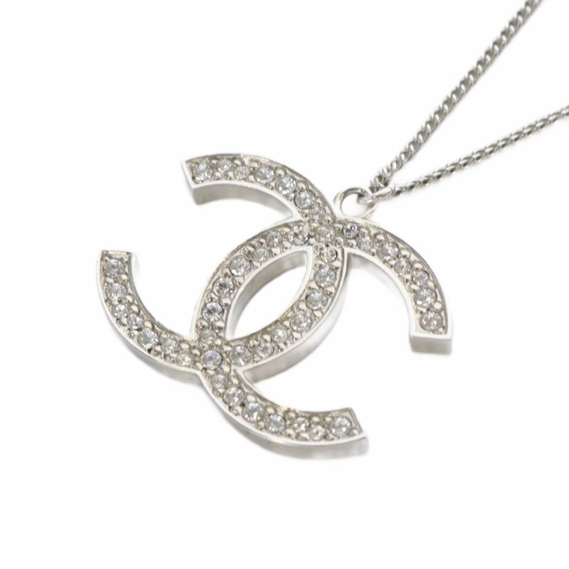 Chanel 12a Coco Mark Necklace Rhinestone Pendant Silver Color