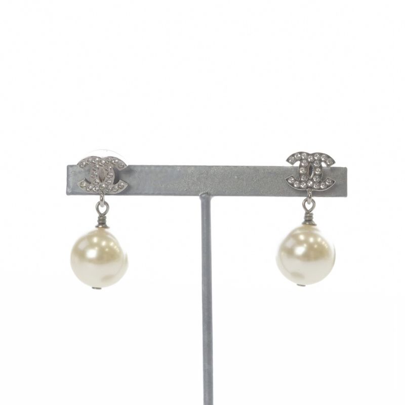 Chanel 24 A24v Pearl Coco Mark Earrings Silver Color