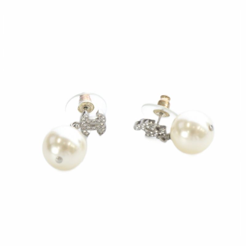 Chanel 24 A24v Pearl Coco Mark Earrings Silver Color