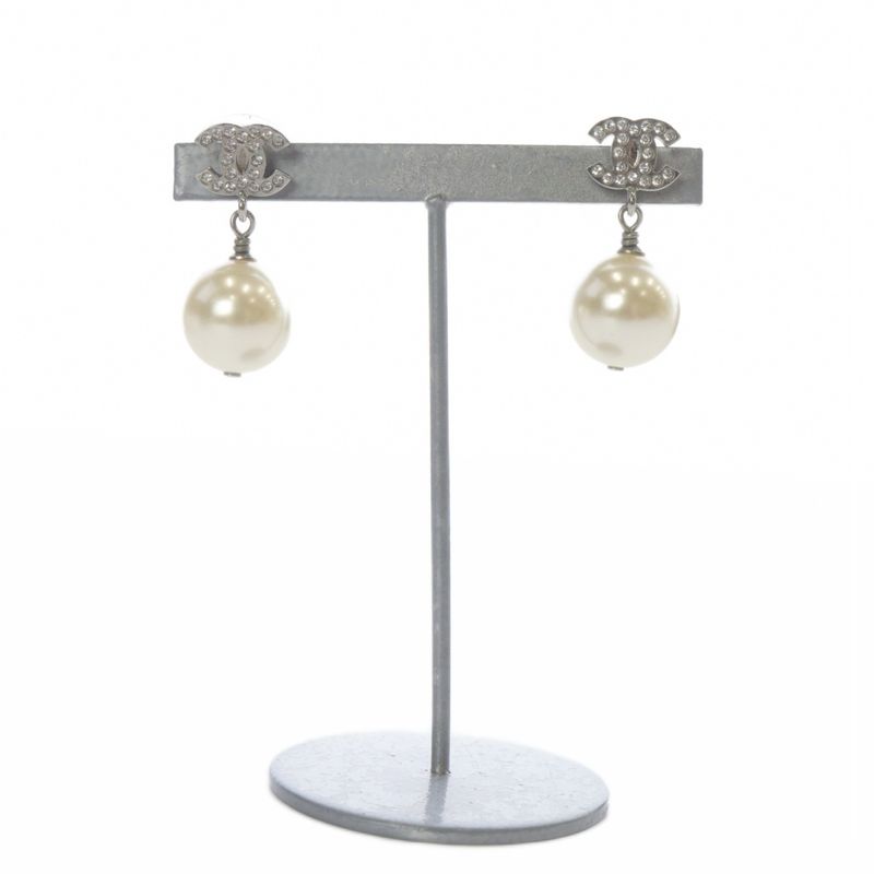 Chanel 24 A24v Pearl Coco Mark Earrings Silver Color
