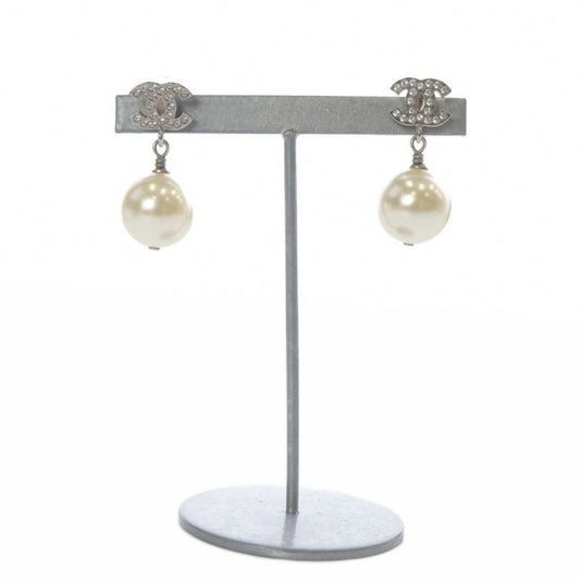 Chanel 24 A24v Pearl Coco Mark Earrings Silver Color