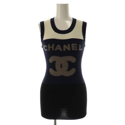 Chanel P40691k02967 Logo Knit Tank Top Cut and Sleeveless Cotton 38 White Navy
