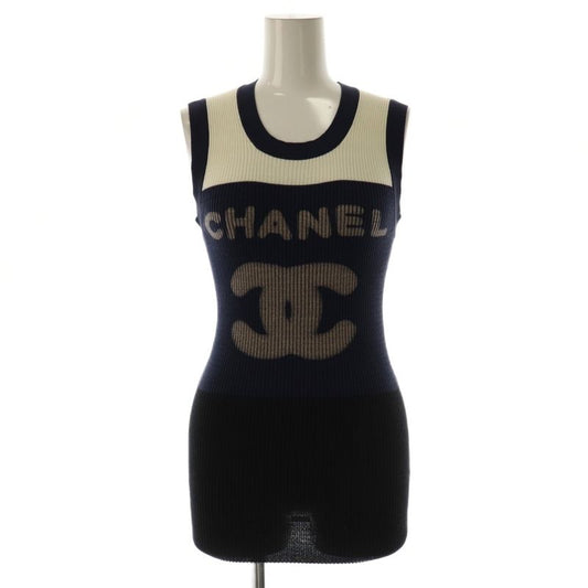 Chanel P40691k02967 Logo Knit Tank Top Cut and Sleeveless Cotton 38 White Navy