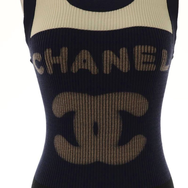 Chanel P40691k02967 Logo Knit Tank Top Cut and Sleeveless Cotton 38 White Navy