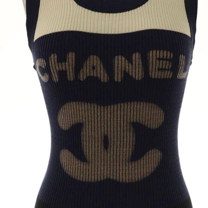 Chanel P40691k02967 Logo Knit Tank Top Cut and Sleeveless Cotton 38 White Navy