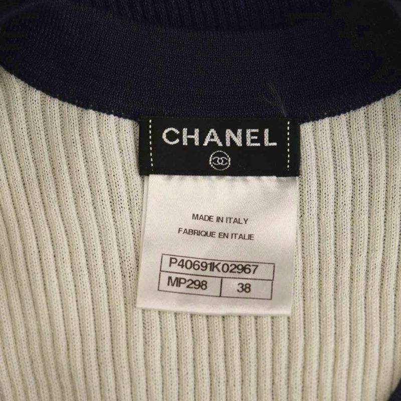 Chanel P40691k02967 Logo Knit Tank Top Cut and Sleeveless Cotton 38 White Navy