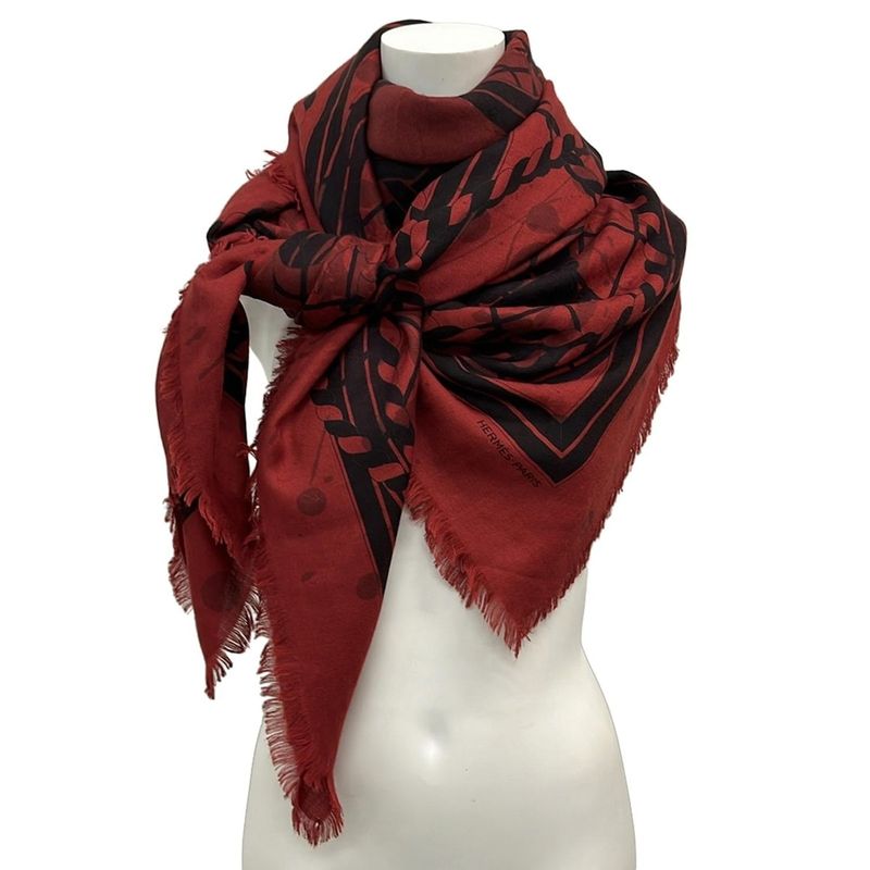 Hermes Shawl Carre Geant Red and Black Fringe Cashmere Silk