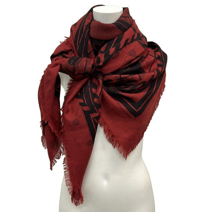 Hermes Shawl Carre Geant Red and Black Fringe Cashmere Silk