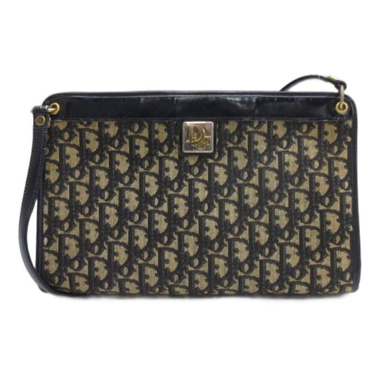 Christian Dior Vintage Trotter Shoulder Bag Logo Plate Canvas Leather Beige