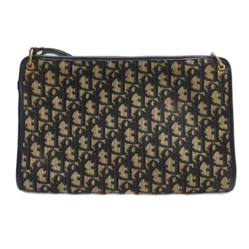 Christian Dior Vintage Trotter Shoulder Bag Logo Plate Canvas Leather Beige