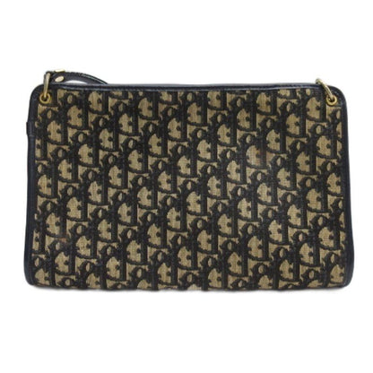 Christian Dior Vintage Trotter Shoulder Bag Logo Plate Canvas Leather Beige