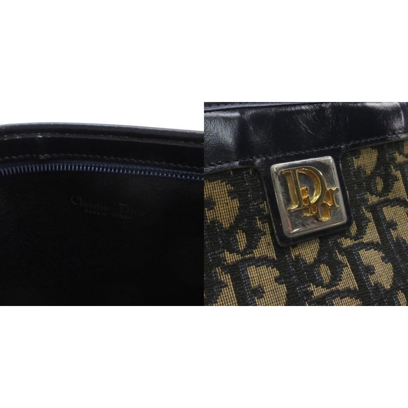 Christian Dior Vintage Trotter Shoulder Bag Logo Plate Canvas Leather Beige