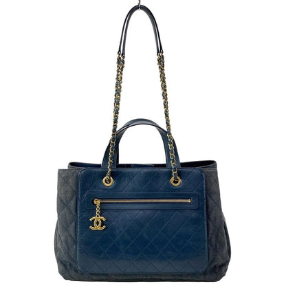 Chanel Tote Bag Matelasse A93560 Navy 2way Chain Shoulder Gold Hardware Leather