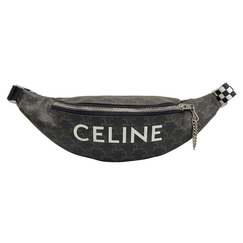 Celine Waist Pouch Triomphe Canvas Belt Bag 195972 Black Dark Brown and White