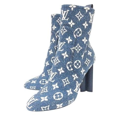 Louis Vuitton Silhouette Line Monogram Denim Ankle Boots Short High Heel Made