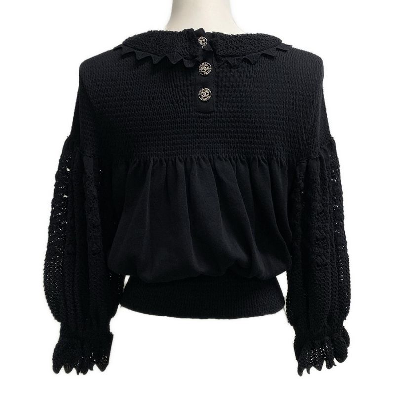 Chanel Long Sleeve Sweater Size 34 S Women - P64322 Black Lace Knitting Pearl