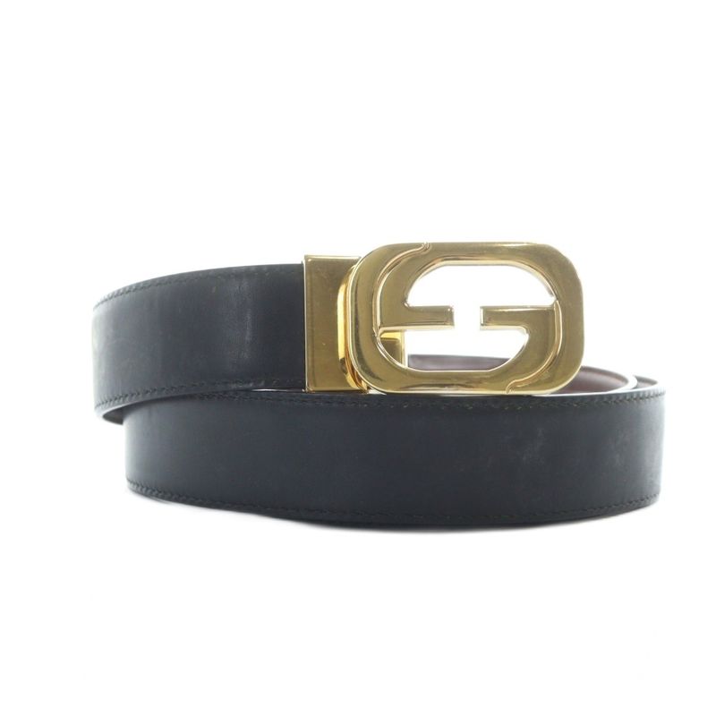 Gucci Belt Gold Hardware Logo Leather Belt Outside Black - Gy18 Mq - OH