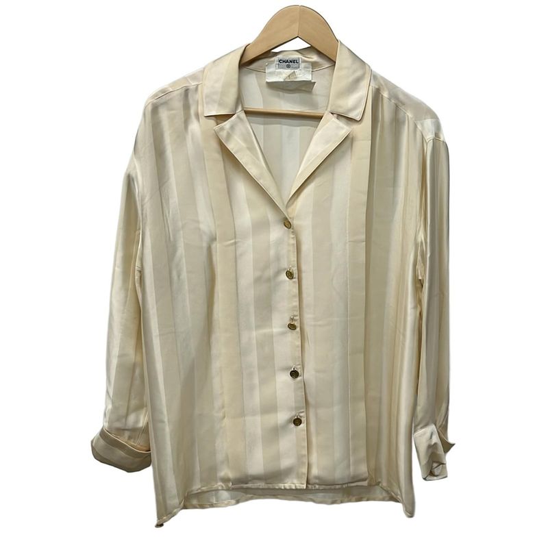 Chanel Long Sleeve Shirt Blouse Size 38 M Women - Beige Silk Stripe