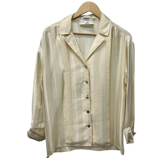 Chanel Long Sleeve Shirt Blouse Size 38 M Women - Beige Silk Stripe