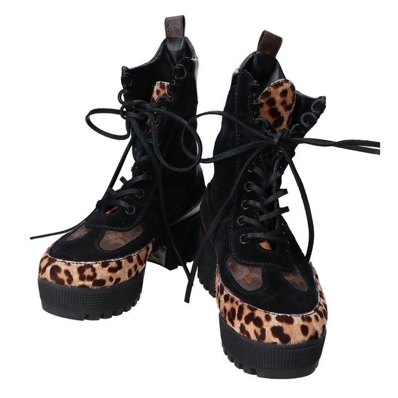 Louis Vuitton '19 Monogram and Halaco Lace-Up Boots 38