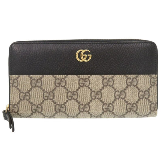 Gucci Double G 456117 GG Supreme Leather Black Beige Round Zipper Long Wallet
