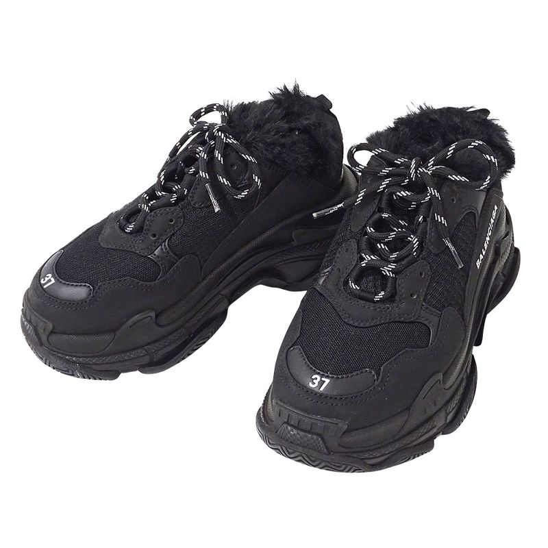 Balenciaga Sneakers Women's Brand Canvas Fur Black Size 37 Approx 24.5cm