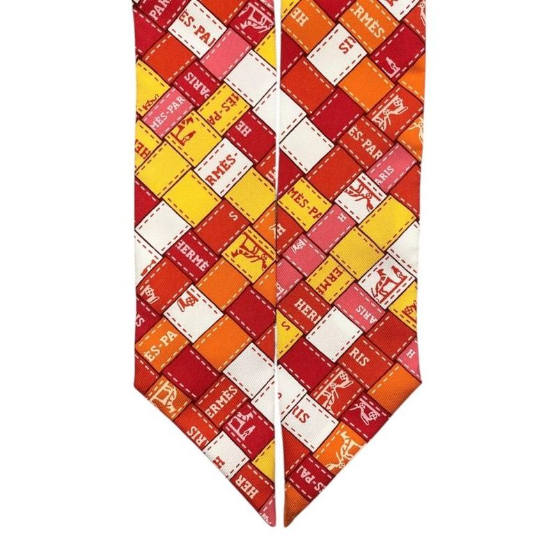 Hermes Silk Scarf Twillie Bolduc Pink Orange Yellow White Bolduc Au Carre Hermes