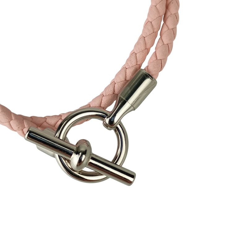 Hermes Bracelet Glenan Pink Leather Women's Doubl Tour Braided Silver Hardware