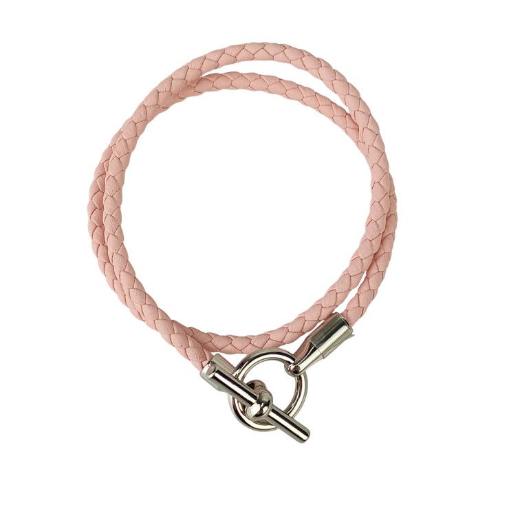 Hermes Bracelet Glenan Pink Leather Women's Doubl Tour Braided Silver Hardware