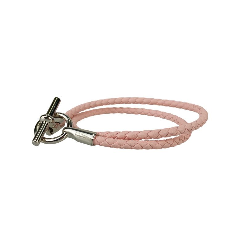 Hermes Bracelet Glenan Pink Leather Women's Doubl Tour Braided Silver Hardware