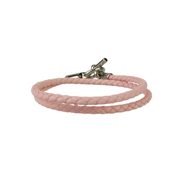 Hermes Bracelet Glenan Pink Leather Women's Doubl Tour Braided Silver Hardware