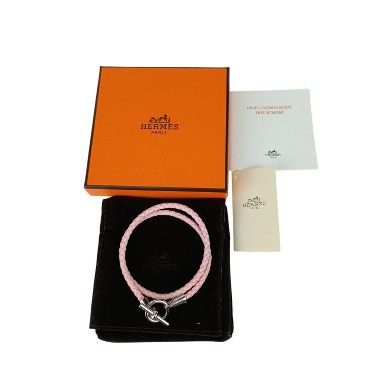 Hermes Bracelet Glenan Pink Leather Women's Doubl Tour Braided Silver Hardware