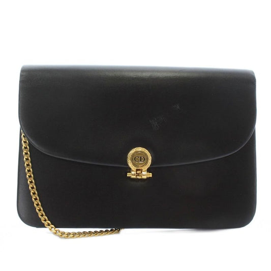 Christian Dior Vintage Chain Shoulder Bag Leather CD Logo Gold Hardware Black