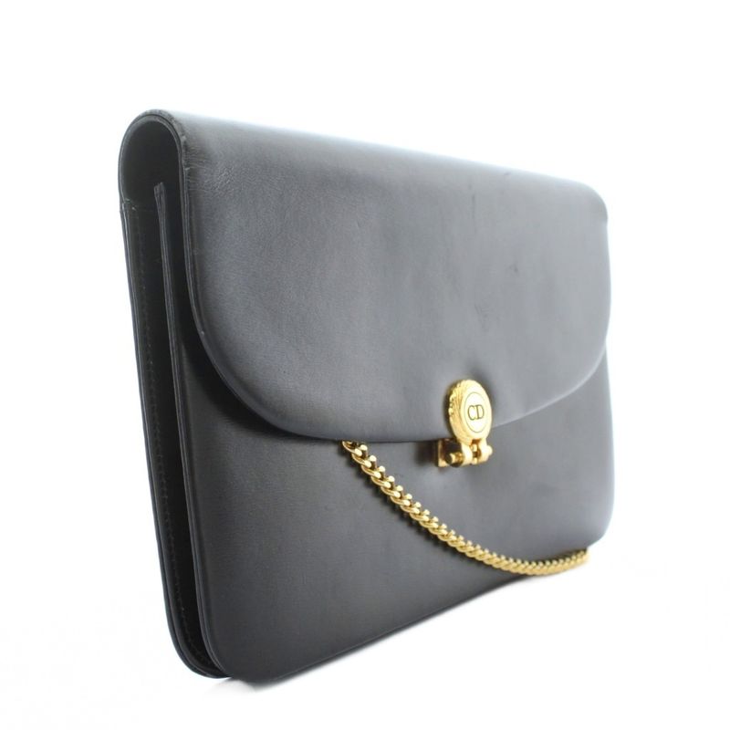 Christian Dior Vintage Chain Shoulder Bag Leather CD Logo Gold Hardware Black