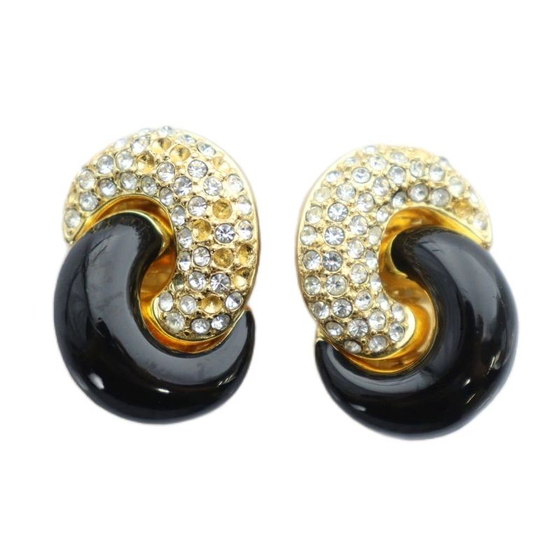 Christian Dior Earrings Clip on Logo Accessory for Binaural Rhinestone Gold