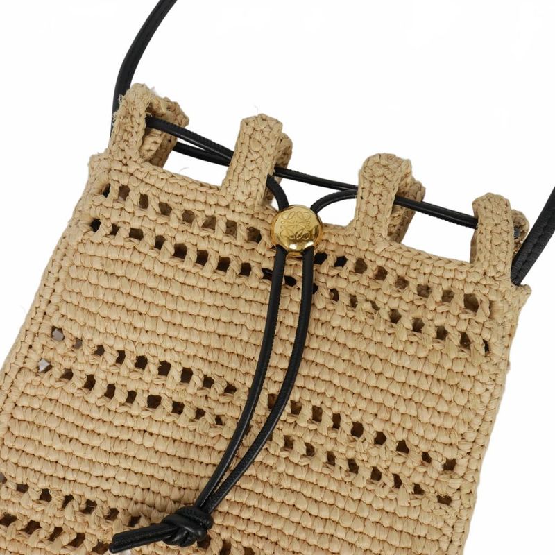 Loewe Draw String Pocket Shoulder Bag Raffia Anagram Crossbody Beige 262507